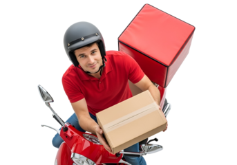 Happy young man delivery rider on red scooter holding a package, ready for fast courier service, looking at camera and smiling, isolated on transparent background.
