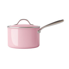 Stylish pink saucepan with lid and silver handle for modern kitchen cooking preparation isolated on transparent background