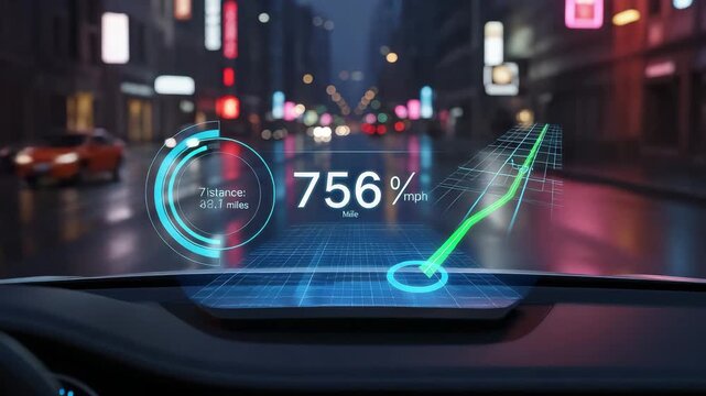 Futuristic headsup display showing navigation and speed in a city at night