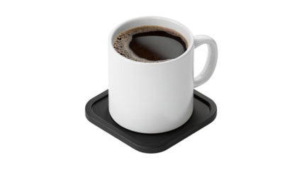 Steaming hot black coffee in a clean white mug rests on a modern black coaster, perfect for morning energy and cafe branding isolated on white or transparent png.