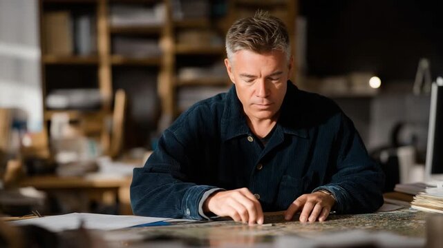 Entrepreneur studying historical property trends and growth challenges, symbolizing investment foresight, market limitations, and strategic portfolio management. cinematic color correction, natural