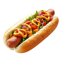 Delicious hot dog with mustard and colorful toppings on transparent background