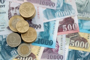 Large amount of Hungarian Forint currency money bills and coins. HUF currency banknotes and coins close up