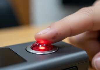 A finger presses a glowing red button on a modern electronic device. Close-up of user interaction with a trackball controller. Technology and activation concept
