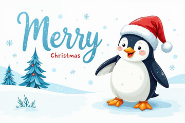 A penguin in a Santa hat stands near trees, with Merry Christmas text, on a snowy white background with snowflakes.