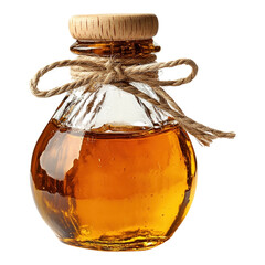 Glass jar filled with amber liquid and natural cork lid on transparent background