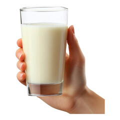 Hand holding a glass of milk on a clear background on transparent background