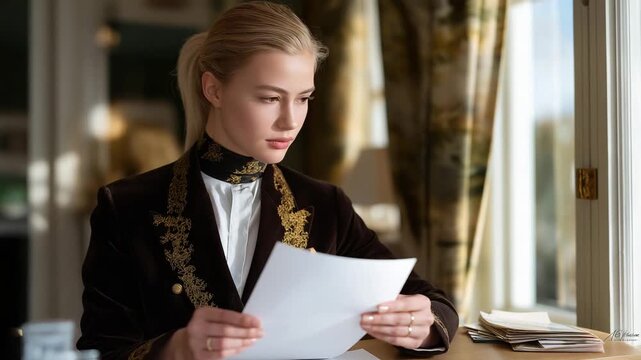 Female butler managing luxury art collection catalog, documenting heritage pieces with care and emotional reverence, symbolizing discretion, trust, and expertise in high-value estate asset