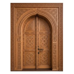 Intricately carved wooden archway door with detailed floral patterns isolated on white background
