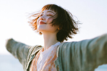 Joyful portraits of a young woman with open arms under the blue sky in natural sunlight