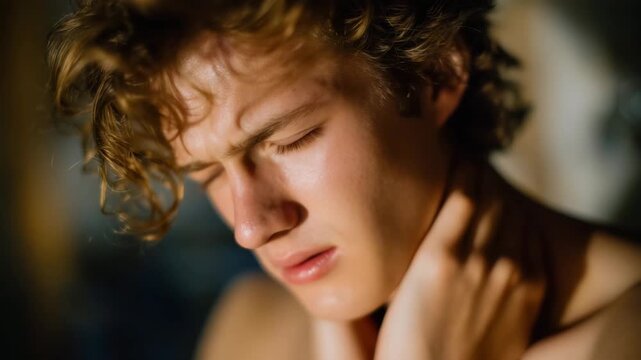 Close-up of man pressing neck tenderly, eyes closed and grimacing, warm tones emphasizing realism, health problem depicted clearly as sore throat or laryngitis