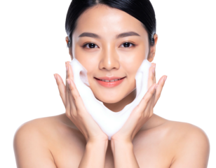 A beautiful woman gently holds a soft, white foam to her face, eyes looking directly ahead. Bare shoulders are visible