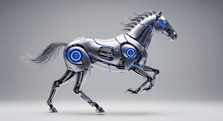 Silver Cybernetic Horse Galloping with Exposed Mechanics