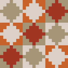 Stepped diamond pattern created from small khaki, pale grey and rust squares in pale grey, orange and khaki squares