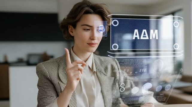 Futuristic home setting with holographic assistant floating above a table, guiding user through online shopping, finance updates, and smart home control, symbolizing digital convenience and AI