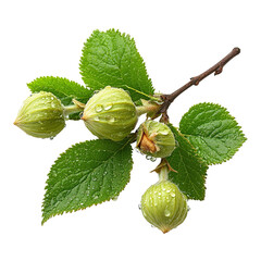 Fresh hazelnut branch with leaves and droplets of water on transparent background