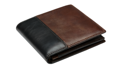 Sophisticated bi fold leather wallet in rich brown and black, essential for modern professional style and secure everyday carry. Isolated on white or transparent png.