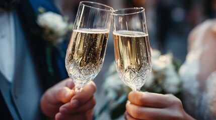 43. Wedding toast with champagne in crystal glasses