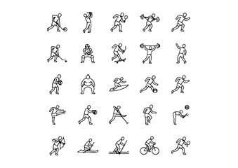 Athletic Icons: 25 Black & White Sportsman Silhouettes, Diverse Sports Vector Set: Minimalist Athlete Icons, Game Faces: Thick Black & White Sports Icon Collection