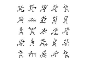 Obraz premium Athletic Icons: 25 Black & White Sportsman Silhouettes, Diverse Sports Vector Set: Minimalist Athlete Icons, Game Faces: Thick Black & White Sports Icon Collection