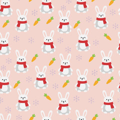 Christmas Animal Pattern Vector. Seamless Christmas Rabbit Pattern with Carrots and Snowflakes. Merry Christmas Pet Seamless Pattern Background.