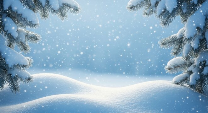 Enchanting winter wonderland scene with falling snow and snow covered evergreen branches