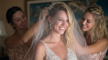 59. Bride smiling while bridesmaids adjust her veil