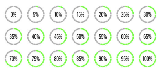 Progress bars. Template of neon green and gray color fill pie charts indicator. Round graph loading progress set. Circle diagrams icons for infographics from 0 to 100 percent. Round percentage infogra