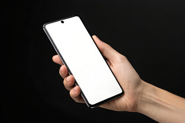 Hand Holding Smartphone Black Background Blank Screen Mockup  
