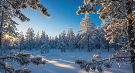 Sunlight filters through snow covered pine trees in a serene winter forest landscape
