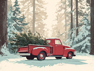 Vintage red truck carrying Christmas tree through snowy forest landscape with copy space