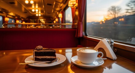 Slice of Chocolate Cake and Coffee on a Train Table at Sunset.