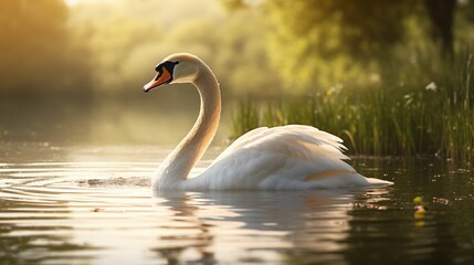 Fototapeta premium Graceful Swan in Serene Waters: A majestic swan glides peacefully across tranquil water, its pristine white feathers contrasting beautifully against the soft morning light.