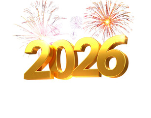 Perspective View of 3D Golden “2026” with Night Sky Fireworks, Celebratory Scene, Isolated PNG