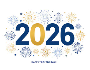 Elegant Flat Gold “2026” Typography with Stylized Firework Icons, Vector Style PNG