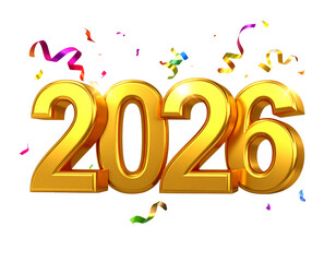 Golden 3D Numbers “2026” with Colorful Confetti and Streamers, Isolated on Transparent Background