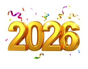 Golden 3D Numbers “2026” with Colorful Confetti and Streamers, Isolated on Transparent Background