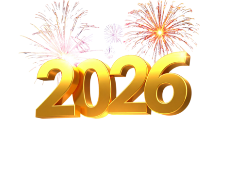 Perspective View of 3D Golden “2026” with Night Sky Fireworks, Celebratory Scene, Isolated PNG