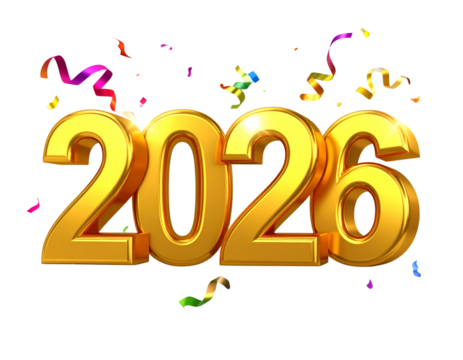 Golden 3D Numbers “2026” with Colorful Confetti and Streamers, Isolated on Transparent Background