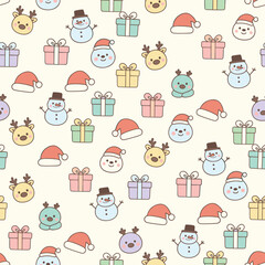 Christmas Holiday Pattern Vector. Seamless Christmas Present Pattern with Santa Hat, Snowman, and Reindeer. Merry Christmas Festive Seamless Pattern Background.