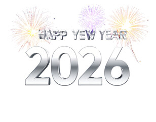 Silver 3D “Happy New Year 2026” Text with Fireworks Glow and Reflections, Isolated PNG