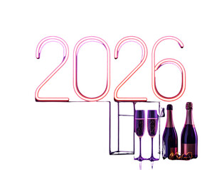 Elegant Neon “2026” Sign with Party Glasses and Champagne Bottles, Night Celebration, Isolated PNG
