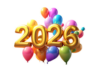 Luxurious Golden 3D “2026” Numbers with Colorful Balloons and Fireworks, Festive PNG