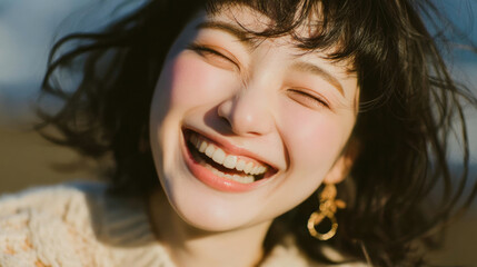 Natural portraits of a smiling woman in bright outdoor light and casual atmosphere