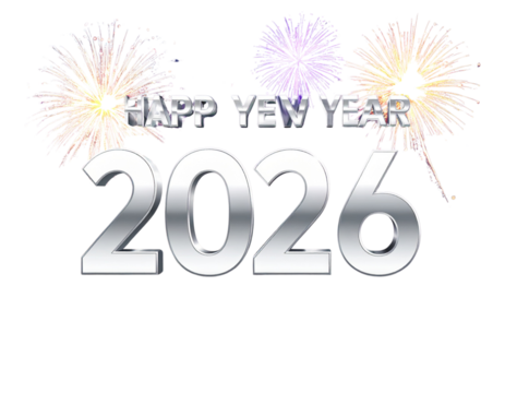 Silver 3D “Happy New Year 2026” Text with Fireworks Glow and Reflections, Isolated PNG