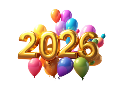 Luxurious Golden 3D “2026” Numbers with Colorful Balloons and Fireworks, Festive PNG - Powered by Adobe