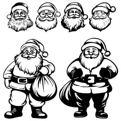 Full length silhouette of Santa Claus with a bag of gifts and a portrait of Santa, set, vector