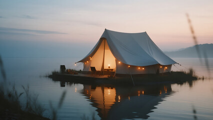 white tent softly floating on calm water, interior warm fairy lights