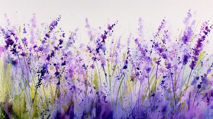 Obraz premium Lavender Field in Watercolor: A vibrant watercolor painting captures the essence of a lavender field in full bloom. The artwork portrays the beauty of nature through strokes of purple and green.