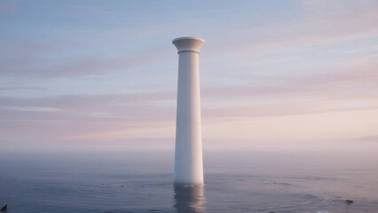 tall white column rising from calm ocean, pastel sky